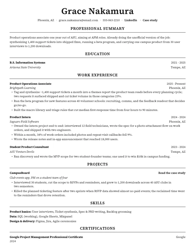 First page of the associate product manager resume example example on the Executive template: name, contact line, and opening section