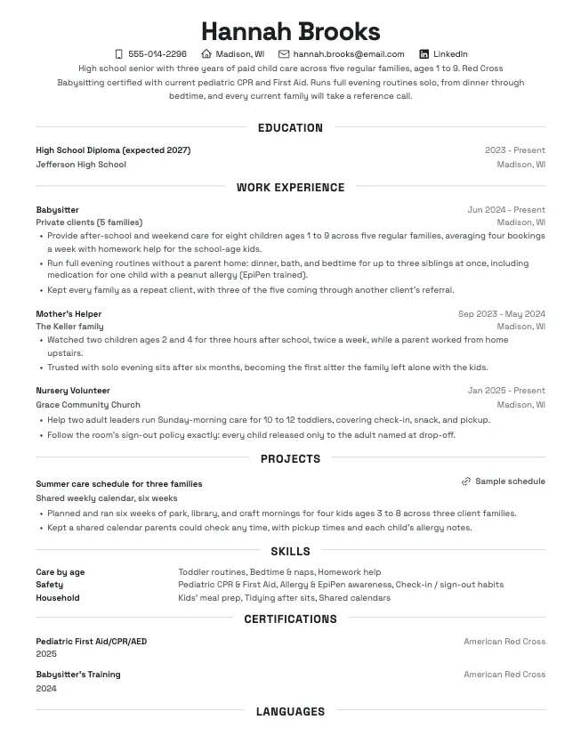 First page of the babysitter resume example (teen & first-time sitter) example on the Beacon template: name, contact line, and opening section