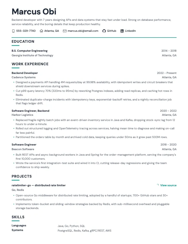 First page of the backend developer resume example example on the Slate template: name, contact line, and opening section