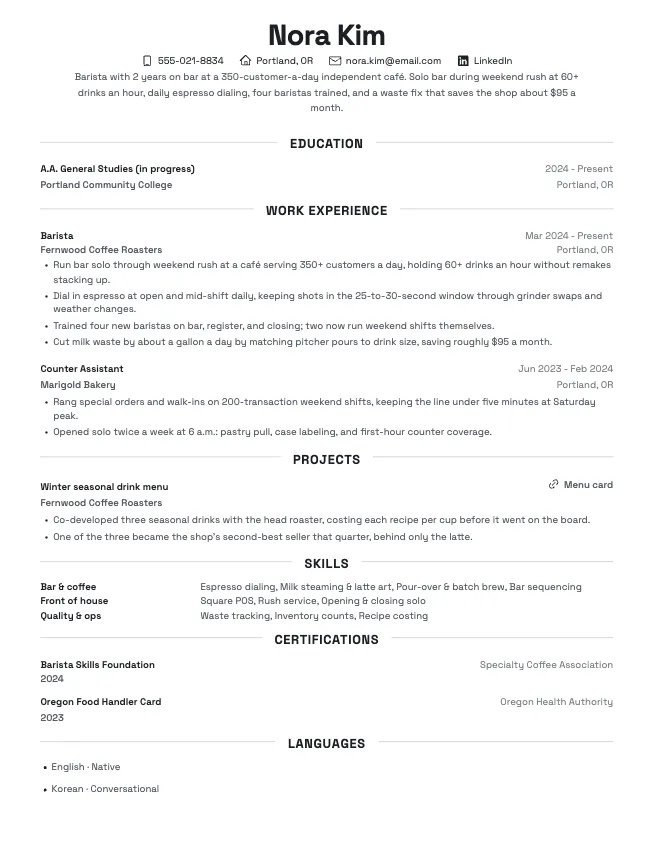 First page of the barista resume example example on the Beacon template: name, contact line, and opening section
