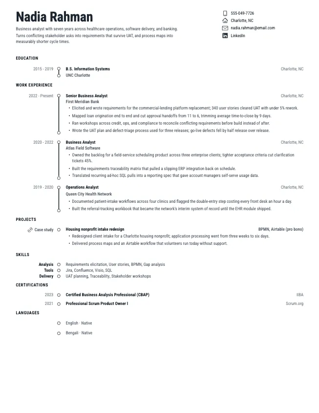 First page of the business analyst resume example example on the Chronicle template: name, contact line, and opening section