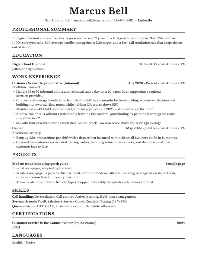 First page of the call center resume example example on the Corporate template: name, contact line, and opening section