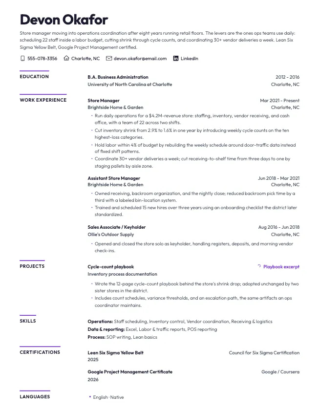 First page of the career change resume example example on the Nova template: name, contact line, and opening section