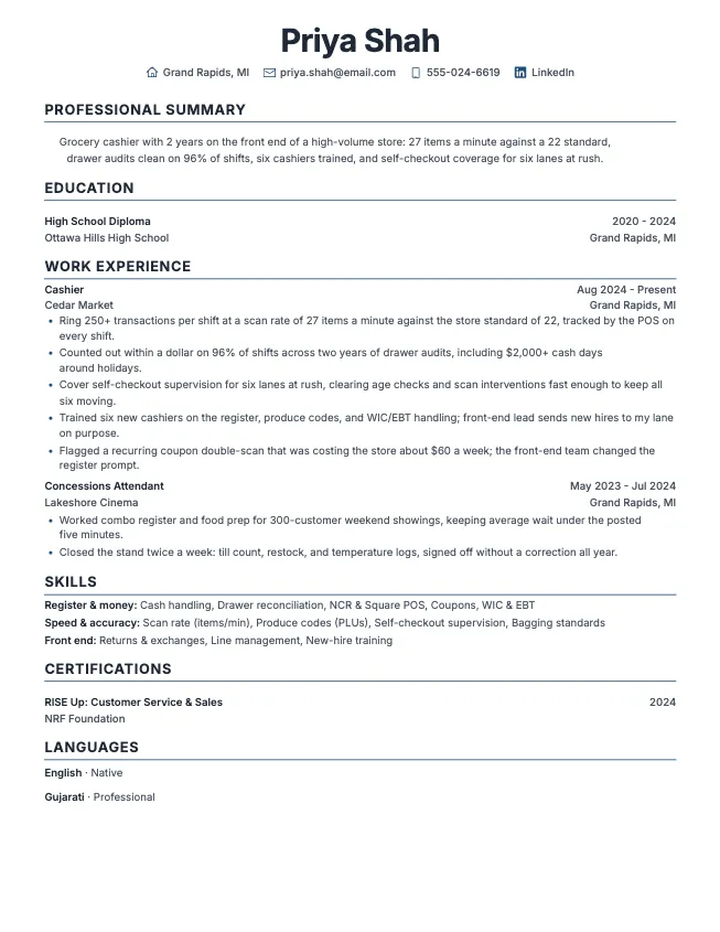 First page of the cashier resume example example on the Modern Professional template: name, contact line, and opening section