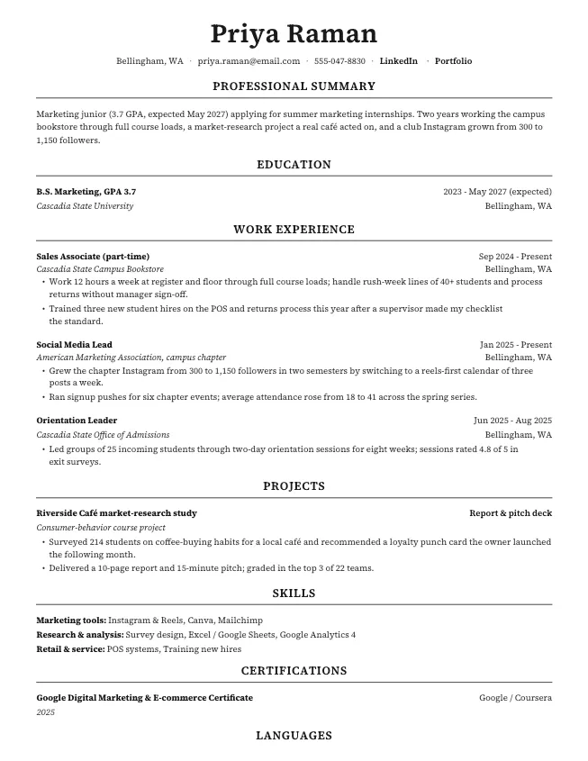 First page of the college student resume example (internship-ready) example on the Executive template: name, contact line, and opening section