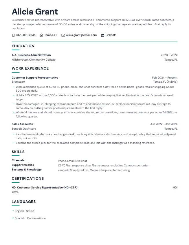 First page of the customer service resume example example on the Slate template: name, contact line, and opening section
