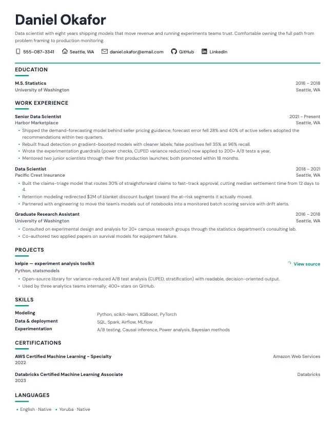 First page of the data scientist resume example example on the Slate template: name, contact line, and opening section