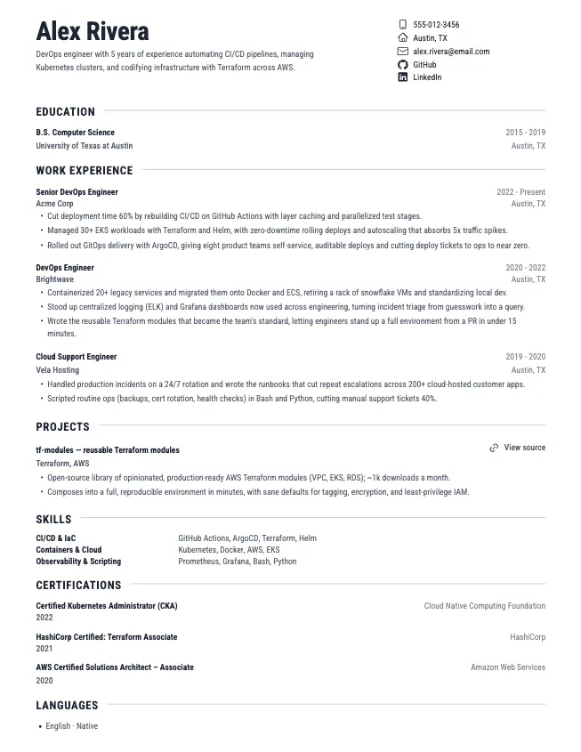 First page of the devops engineer resume example example on the Sterling template: name, contact line, and opening section