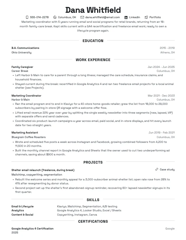 First page of the employment gap resume example example on the Beacon template: name, contact line, and opening section