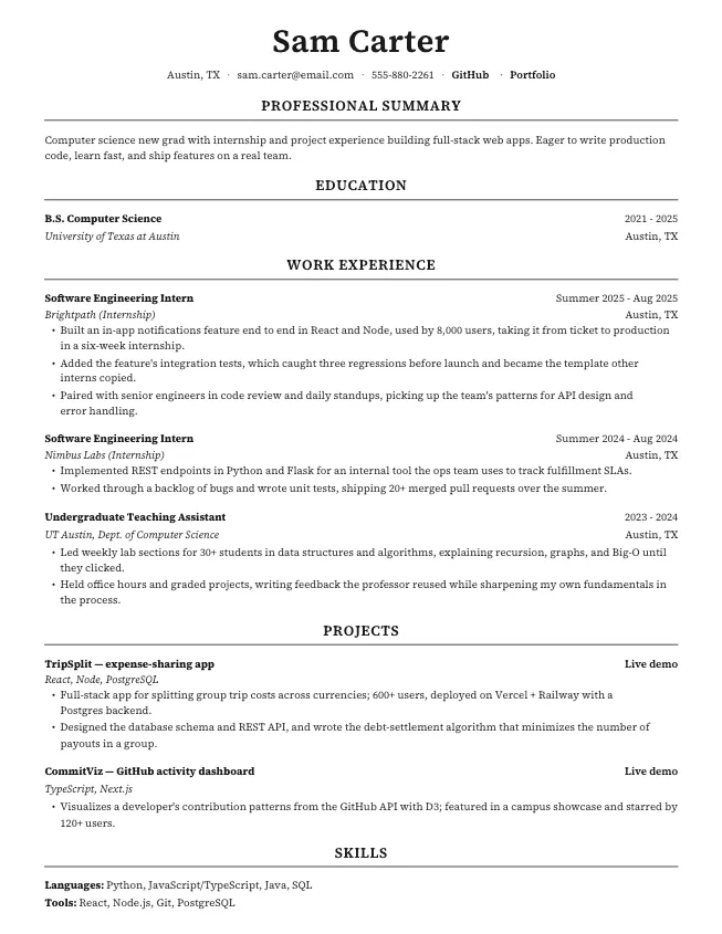 First page of the entry-level software engineer resume example example on the Executive template: name, contact line, and opening section