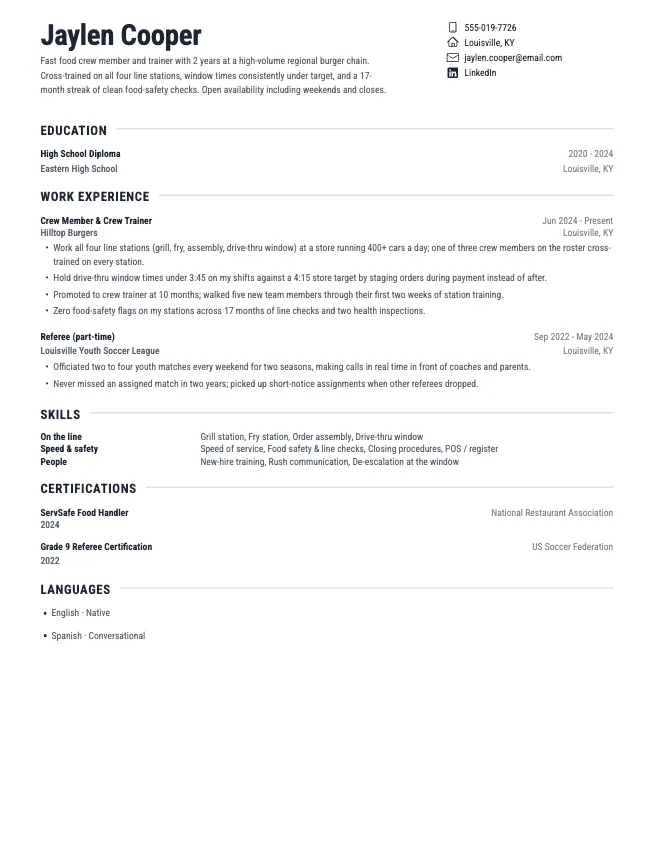 First page of the fast food resume example example on the Sterling template: name, contact line, and opening section