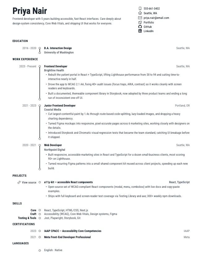 First page of the frontend developer resume example example on the Chronicle template: name, contact line, and opening section