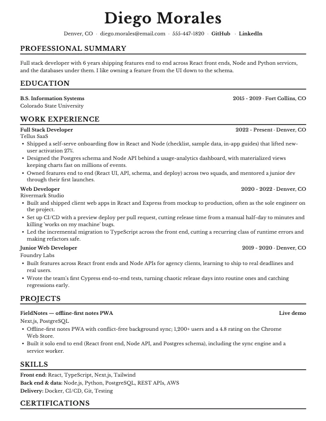 First page of the full stack developer resume example example on the Corporate template: name, contact line, and opening section