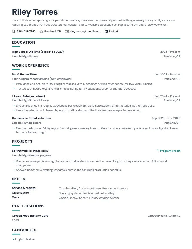 First page of the high school student resume example (first part-time job) example on the Slate template: name, contact line, and opening section