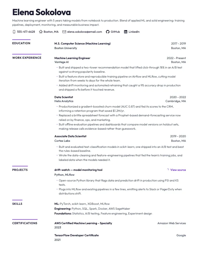 First page of the machine learning engineer resume example example on the Nova template: name, contact line, and opening section
