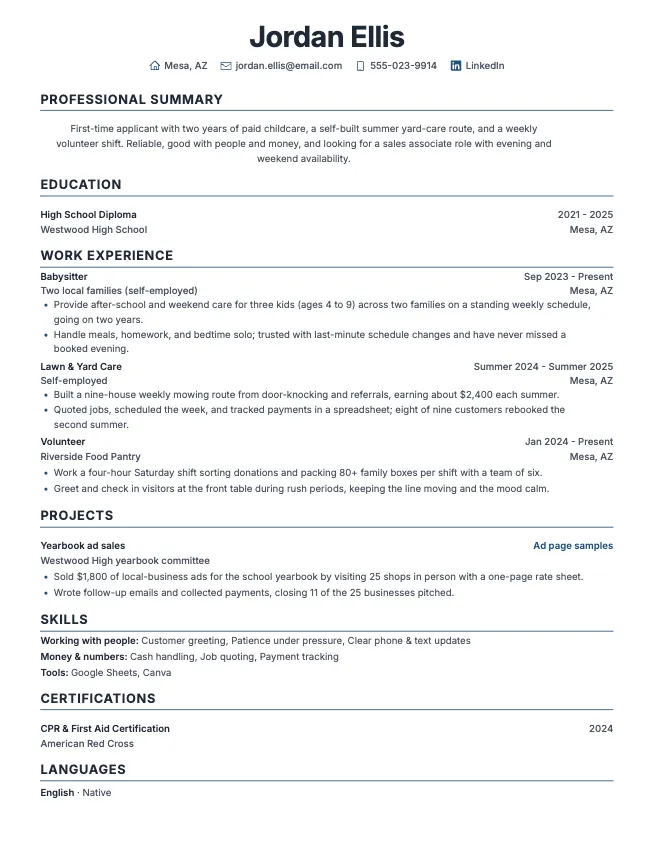 First page of the resume with no experience: example for a first job example on the Modern Professional template: name, contact line, and opening section