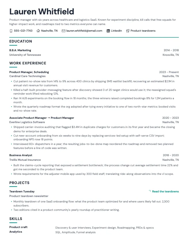 First page of the product manager resume example example on the Slate template: name, contact line, and opening section