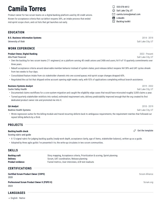 First page of the product owner resume example example on the Sterling template: name, contact line, and opening section