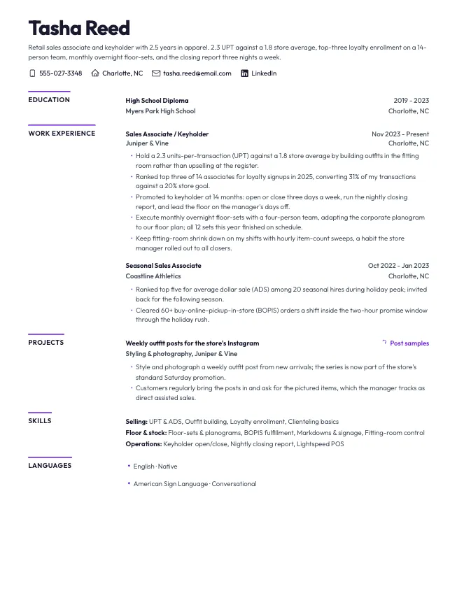 First page of the retail sales associate resume example example on the Nova template: name, contact line, and opening section