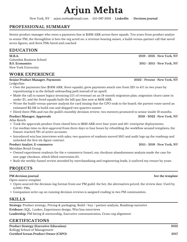 First page of the senior product manager resume example example on the Corporate template: name, contact line, and opening section