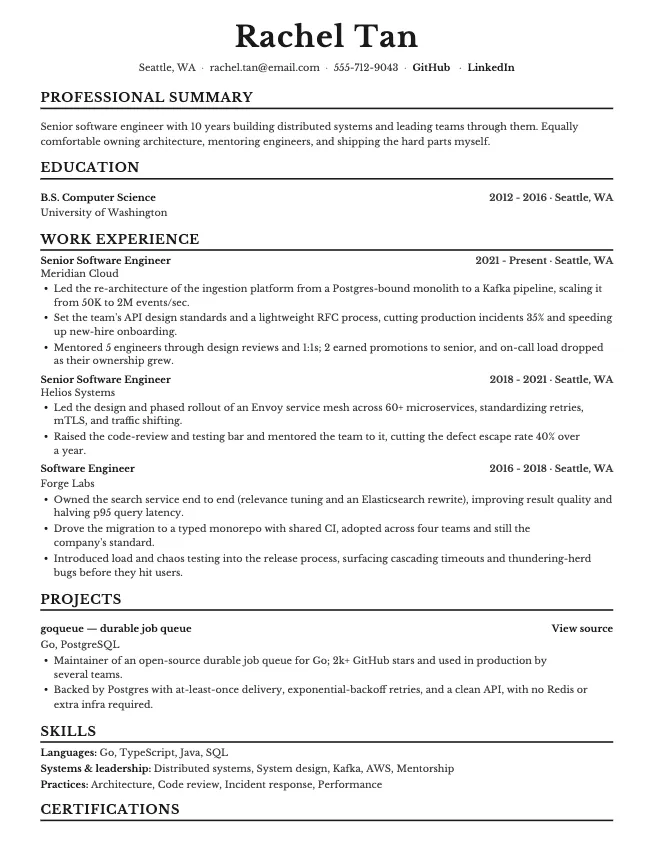 First page of the senior software engineer resume example example on the Corporate template: name, contact line, and opening section