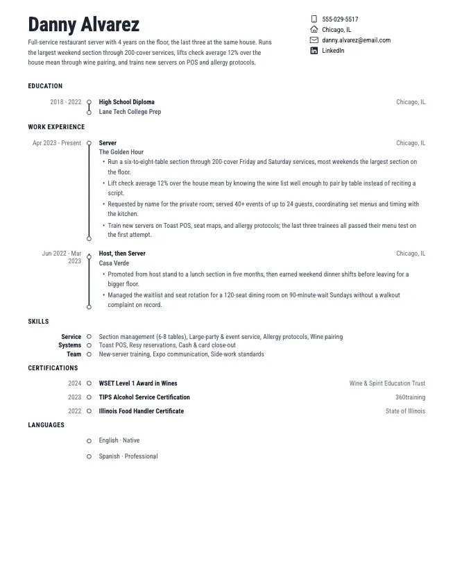 First page of the server resume example example on the Chronicle template: name, contact line, and opening section