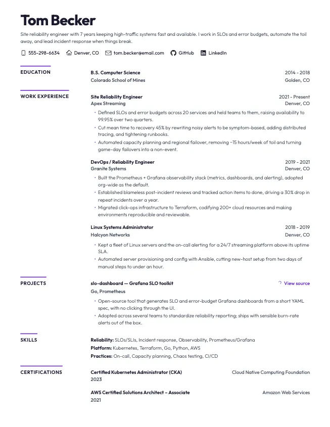 First page of the site reliability engineer resume example example on the Nova template: name, contact line, and opening section