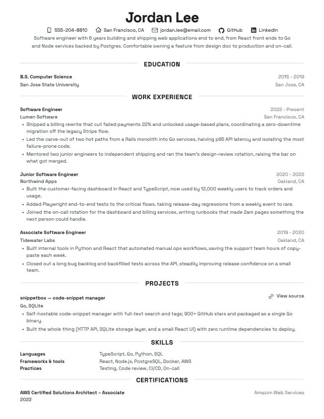 First page of the software engineer resume example example on the Beacon template: name, contact line, and opening section