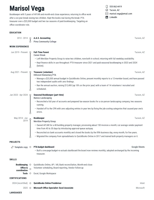 First page of the stay-at-home mom resume example (returning to work) example on the Chronicle template: name, contact line, and opening section