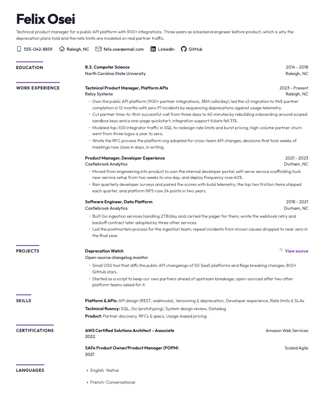 First page of the technical product manager resume example example on the Nova template: name, contact line, and opening section